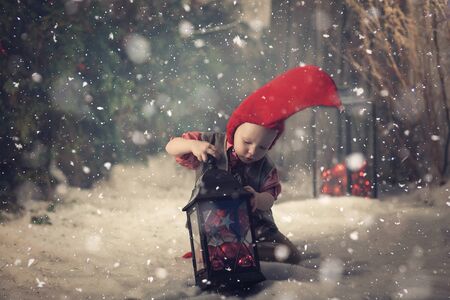 Little christmas gnome in a red cap and vest.の写真素材