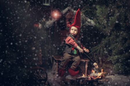 Little christmas gnome in a red cap and vest.の写真素材