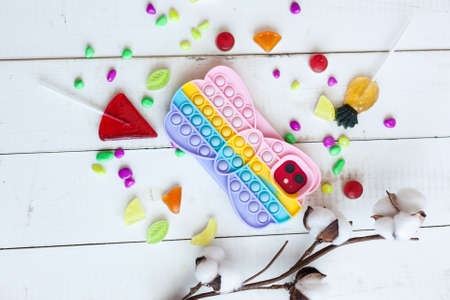 Phone case  on white wooden backgroundの写真素材