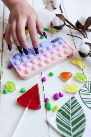 Phone case  on white wooden backgroundの写真素材
