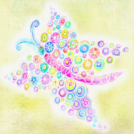 Abstract bright butterfly, flying on a sunny day. Hand drawn illustration. Colorful abstract watercolor butterfly Isolated on yellow background. Dots and circles in shape of butterfly for your designの写真素材