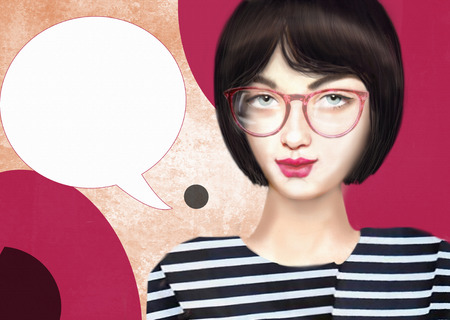 Hand drawn illustration of trendy hipster beauty girl wearing glasses. Smart young short hair women in black and white striped shirt with speech bubble. Can used as a flyer, poster, banner,の写真素材