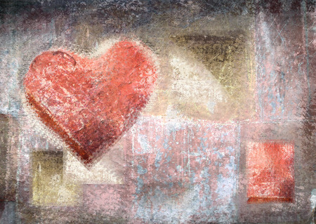 Chalky heart on the old scratched wall. Concept grunge heart. Unusual background for the Valentine's Day. Hand drawn. Abstract vintage valentine background with grunge texture. Poster. Love backgroundの写真素材