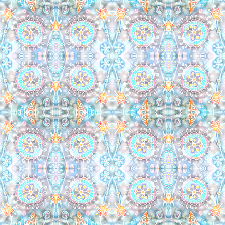 Kaleidoscopic abstract seamless pattern. Hand-painting on silk.  Fantastic world. Under the microscope, cosmic patterns. Cell division.の写真素材