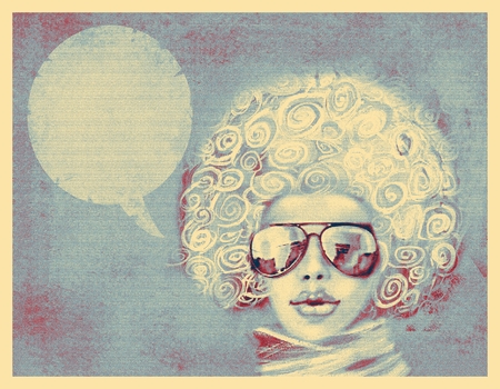 Fashionable woman with sunglasses and scarf. Shabby chic style portrait. Illustration of woman with...