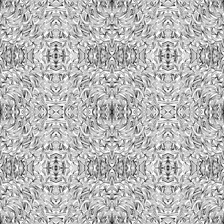 Seamless abstract black and white kaleidoscopic pattern. Wavy hand drawn endless geometric texture.の写真素材