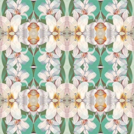 Seamless pattern with pretty white lily flower on green background, based on hand painting illustration. Abstract kaleidoscopic floral pattern.の写真素材