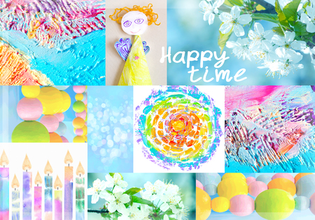 Interesting collage with paper angel, spring flowering branches of trees, part of textured abstract painting on canvas. Can use for print on cover, wrapping paper, napkins, place mate, tablecloth.の写真素材