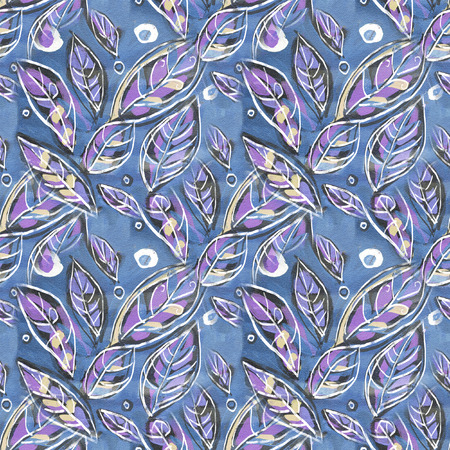 Colorful background with leaves, acrylic painting. Abstract foliage seamless pattern background for...