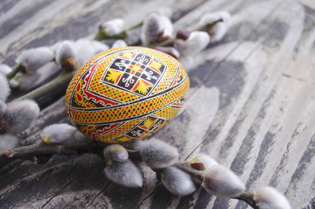 Easter colorful egg and willow branches on wooden background. Springtime. Holiday card. Spring willow twigs with catkins and ornate egg. Happy Easter. Still life with Pysanka. Easter background.の写真素材
