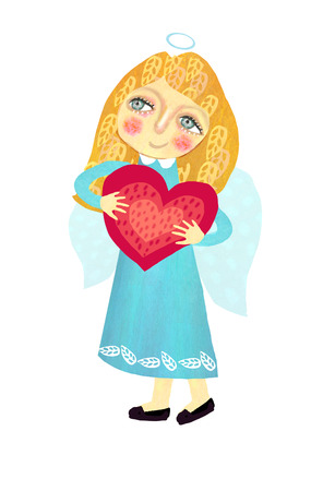 Cute stylized character angel with a red heat on his hands. Greeting card. St. Valentine day theme.の写真素材