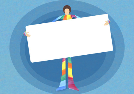 Cartoon person holding blank white placard for your text. Hand drawn illustration.の写真素材