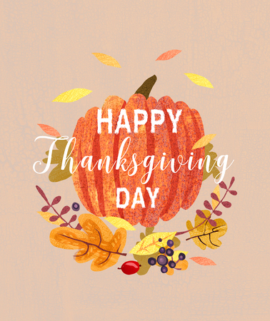 Happy Thanksgiving card design .Composition of plants, leaves and pumpkin. Autumn greeting card.の写真素材
