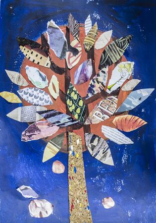Wood made of paper. Applique, collage. Children's work. Paper treeの写真素材
