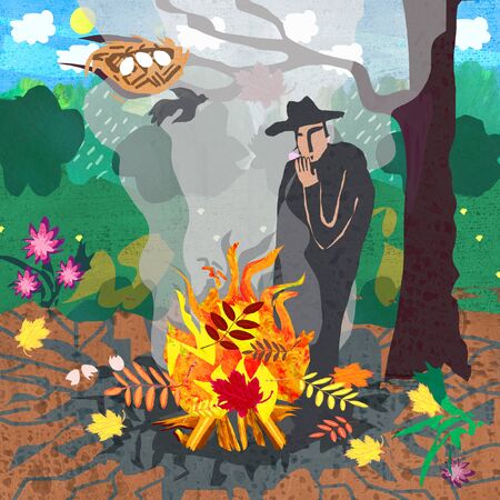 The problem of burning leaves of pollution of the environment.Ecological illustration.の写真素材