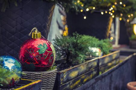 Christmas red ball . Holiday composition. Festive background.の写真素材