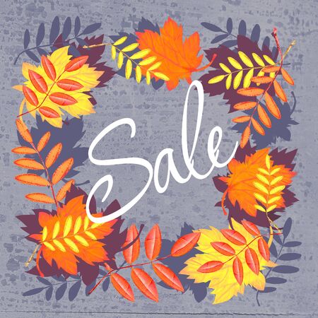 Illustration of autumn sale.Autumn composition. Wreath design template print with autumn leaves.の写真素材