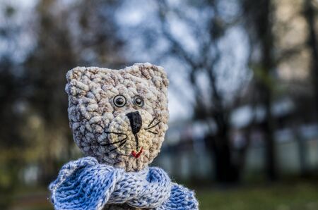 Knitted striped handmade crafted cat. Children's toy. Crochet pattern. Handicraft manufacturing.の写真素材