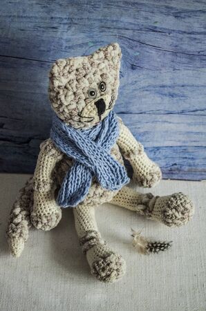 Knitted striped handmade crafted cat. Children's toy. Crochet pattern. Handicraft manufacturing.の写真素材
