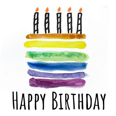 Cake with candles. Watercolor drawing. Birthday greeting card.の写真素材