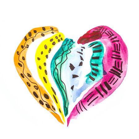 Watercolor heart made of colored elements with graphic black ornament. Valentines day print on white...