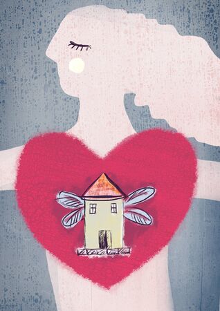 Dark pink heart with little house with wings on girl's body.Valentine day concept.の写真素材