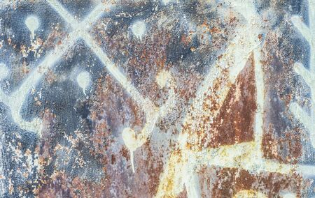 Part of dirty old rusted surface. Multicolor metal textures. Poster. Interior decor. Grunge background with crooked lines.の写真素材