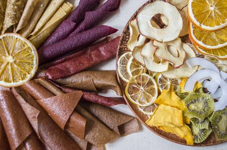 Sweet pure fruit pastille. Natural sweets from dried berries and fruits. Useful sweetness is...