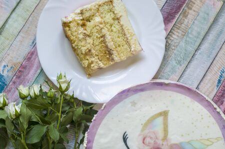 Piece of caramel cake with cream. Food dessert photo.の写真素材