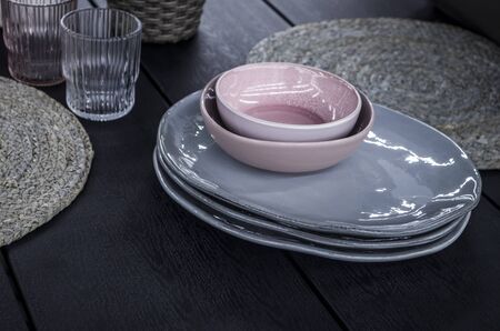 Still life with plates and cups in the style of Hughes. Interior photo.の写真素材