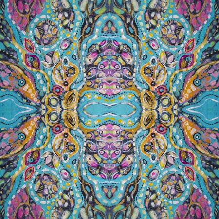 Abstract colorfull acrylic painting.Kaleidoscopic abstract seamless pattern. Brushstrokes of paint. Modern art. Contemporary art. Colorful canvas. Close up.の写真素材
