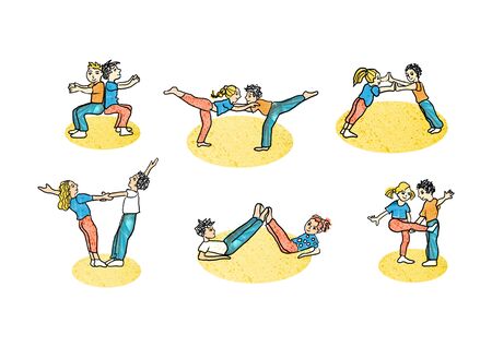 Exercises for children's physical education. Boy and girl sports illustration.の写真素材
