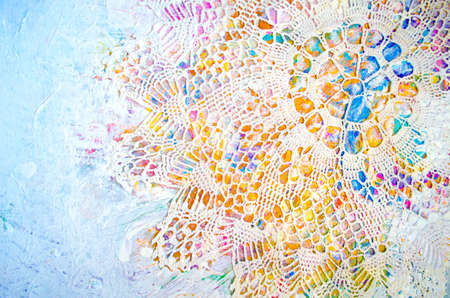 Big painted napkin with geometric pattern on abstract colorful acrylic background. Abstract painting,の写真素材