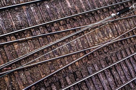 Top view of track rails. Abstract photo transport.の写真素材
