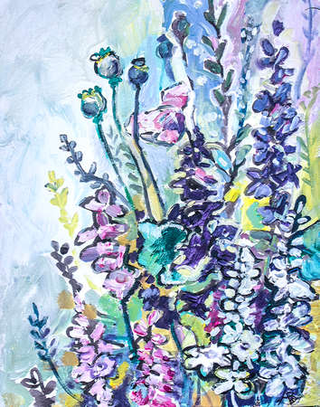 Delphinium white pink purple flowers. Acrylic painting on canvas.の写真素材