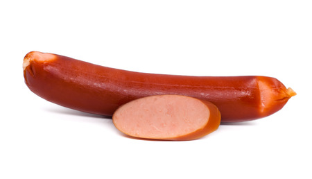 Stack of smoked sausages isolated on a white backgroundの写真素材