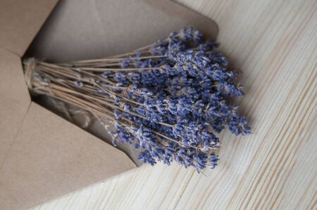 Bright lavander on wooden background with free spaceの写真素材