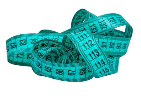 Blue rubber tape measure for sewing cloth or fabric isolated on the white