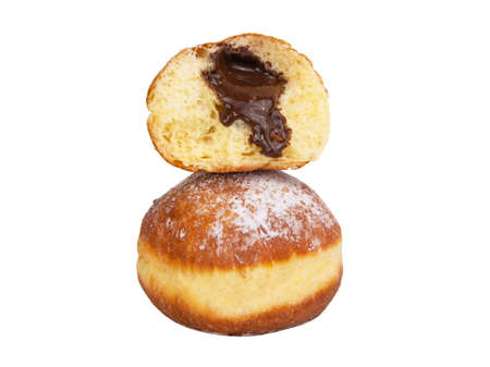 Bright tasty berliner donut ball with chocolate cream filling isolated on the white backgroundの写真素材