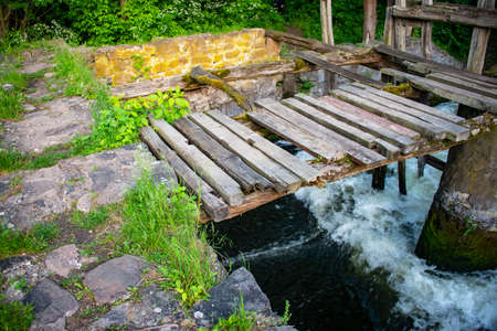 Old vintage wooden bridge in green forestの写真素材