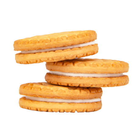 Biscuit sandwich cookies with milk creamy filling isolated on the white background