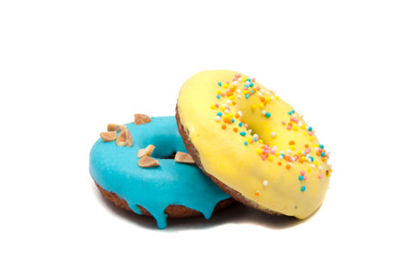 Chocolate exclusive dessert two donuts isolated on the whiteの写真素材