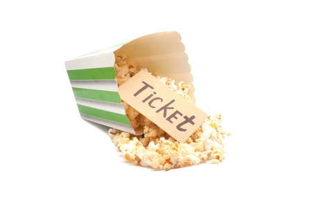 Popcorn is food for cinema in color box on the whiteの写真素材