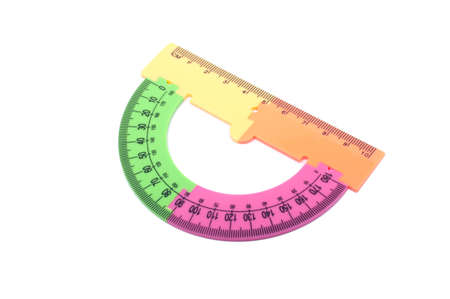 colorful plastic protractor in different color isolated on the whiteの写真素材