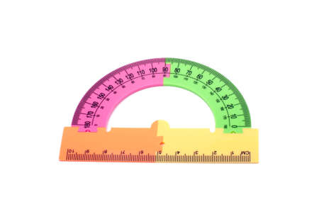 colorful plastic protractor in different color isolated on the whiteの写真素材