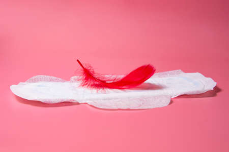 Sanitary napkin pad wiyh red elegant feather lying on pink backgroundの写真素材