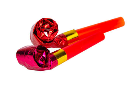 Red party horn whistle noisemaker isolated on the white background