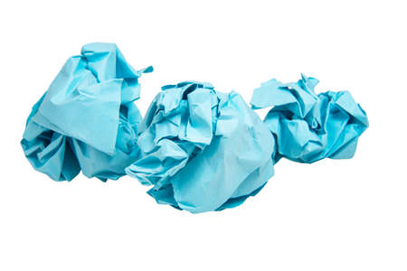 Crumpled blue paper balls isolated on the white backgroundの写真素材