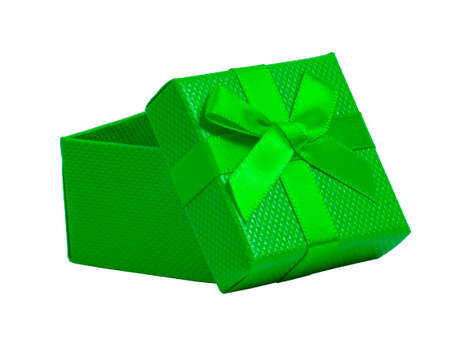 Green gift box christmas opened isolated on the white backgroundの写真素材