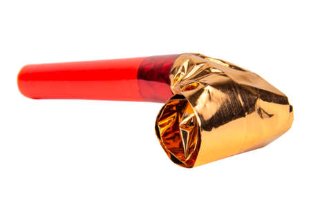 Party red horn whistle isolated on the white backgroundの写真素材
